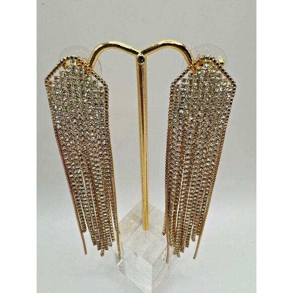 Lese Majeste Cascade Earrings Crystal Gold Tone 4" Long Post Back - Picture 2 of 6